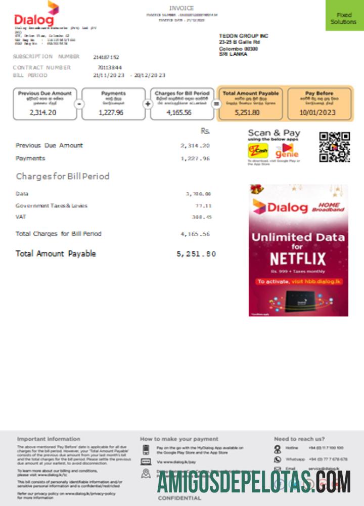 Dialog Utility Business Bill, Página 1, SCR baixar para verificação